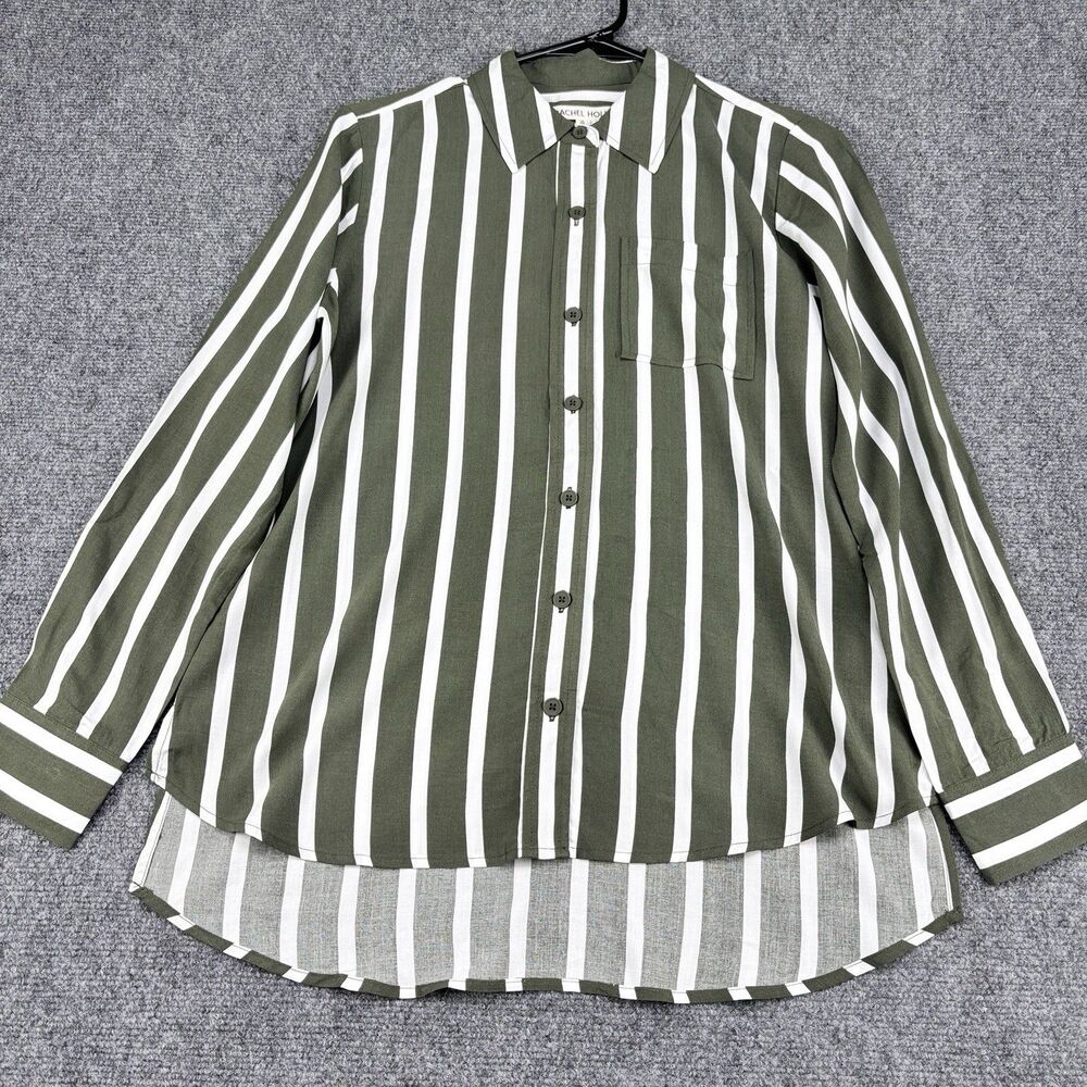 Rachel Hollis Shirt Womens 0 Olive White Stripe Pocket Hi-Lo Rayon